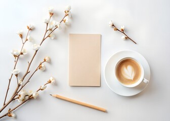 Spring Flat Lay with Coffee Notebook Pencil and Blossoming Branches on White