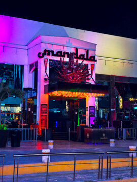 Mandala Beach Club in the Hotel Zone, Canc&uacute;n, Quintana Roo, Mexico, August 29, 2025. Entrance to the club at night.