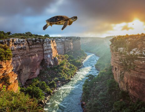 A surreal floating world combining time, liquid gold, and gigantic mythical creatures.