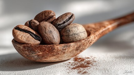 Obraz premium Roasted coffee beans in wooden spoon, a warm and inviting still life image