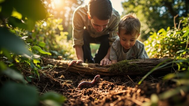 Father and son exploring nature watching millipede