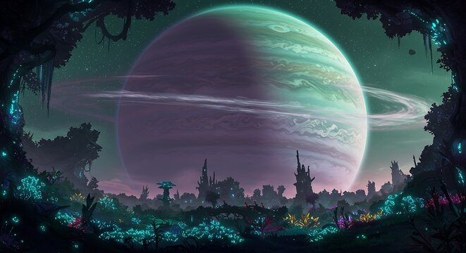 Gas giant looming over alien jungle canopy - view 135 | Nature, Landscape & Backgrounds
