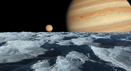 Frozen gas giant moon with fractured ice surface - view 157 - High Resolution Royalty Free Image