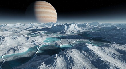 Frozen gas giant moon with fractured ice surface - view 157 | Stunning Photography & Visuals