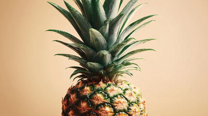 close-up of a single ripe pineapple with detailed textured skin and green crown on matte light beige background, minimalist summer tropical composition with ample negative space