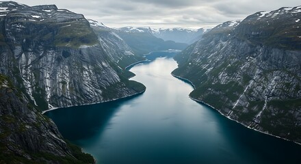Secluded fjord surrounded by towering snowy cliffs - view 165 - High Resolution Royalty Free Image