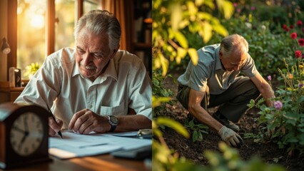 Obraz premium Senior man working and gardening, balancing work and leisure in retirement