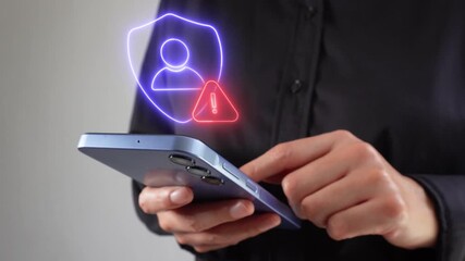 User privacy vulnerability notice. Person holding a smartphone with a virtual shield icon, a person avatar, and a warning sign.