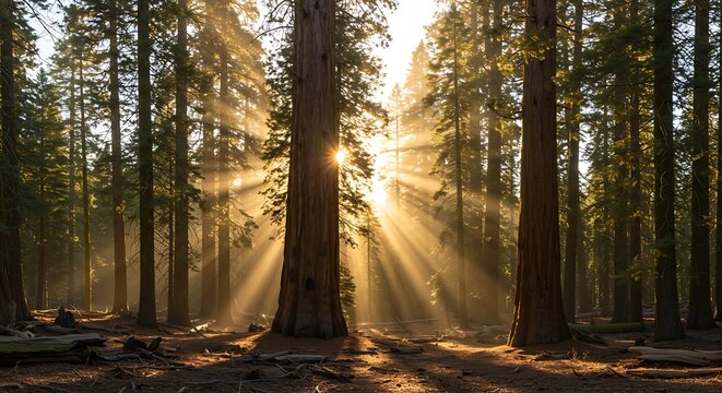 Towering sequoia forest with shafts of sunlight - view 195