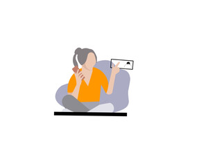 vector illustration of a man holding a weight scale, Digital illustration of a person using a smartphone while relaxing