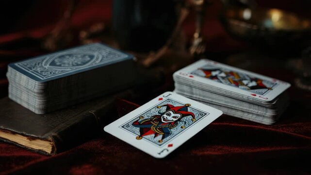 Deck of playing cards on table with joker card top
