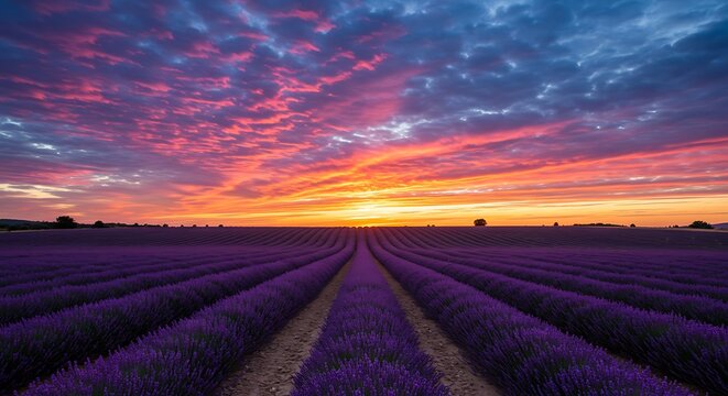 Rolling lavender fields under a dramatic sunset sky - view 245 Stock Photo for Designers and Marketers