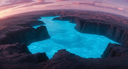 Alien cliffs overlooking glowing blue seas - view 249 - High Resolution Royalty Free Image