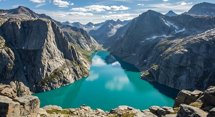 Towering granite cliffs rising above a crystal alpine lake - view 255