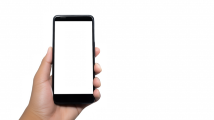 Hand holding a modern smartphone with a sleek black frame and blank white screen on transparent background
