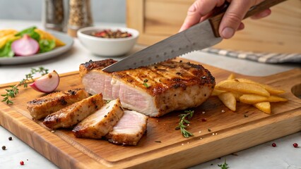 A person cutting a pork loin on a wooden cutting board with fries and salad in the background