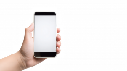 Close-up of a hand holding a sleek smartphone with a white front and thin black border on transparent background
