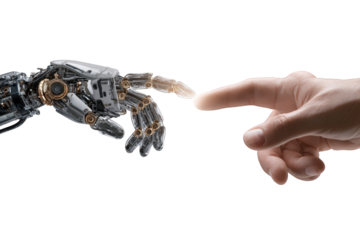 A robotic hand touches a human hand