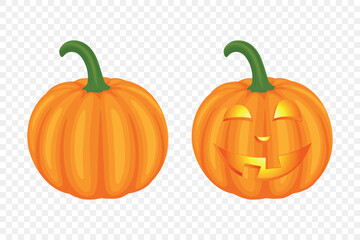 Vector Halloween Pumpkins Collection with Carved Faces. Flat Colorful Pumpkin Stickers Set. Design Templates for Halloween, Fall, Harvest. Cute and Fun Simple Pumpkin Illustrations