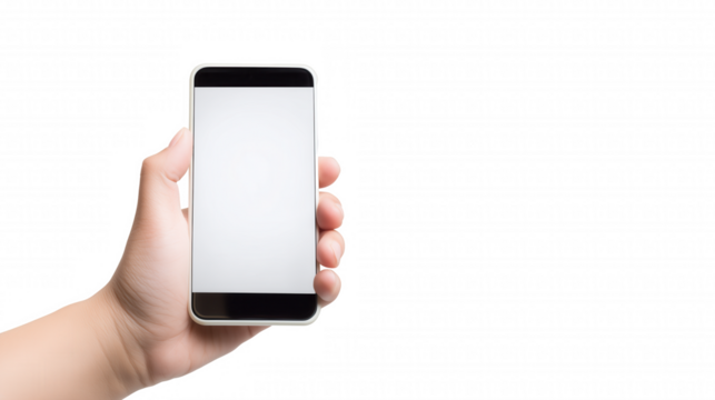 Close-up of a hand holding a sleek smartphone with a white front and thin black border on transparent background