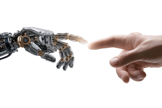 A robotic hand touches a human hand