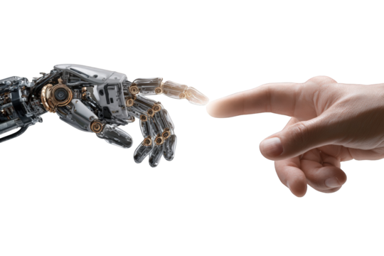 A robotic hand touches a human hand