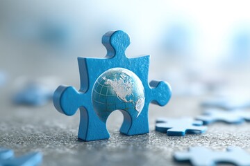 Blue puzzle piece with a globe; other puzzle pieces in background