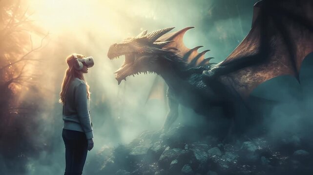 Virtual reality VR theme concept. A vivid portrayal of a dragon in a misty forest setting. The dragon is depicted with its mouth open, revealing sharp teeth, and its wings spread wide.