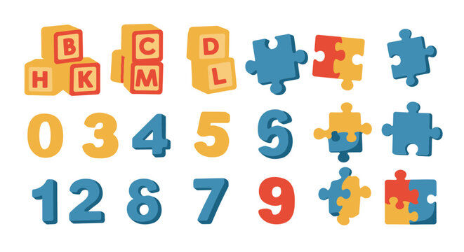 Colorful Alphabet Blocks and Number Puzzles for Early Childhood Education.
