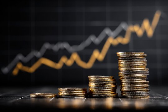 Stacks of coins rise against a backdrop of fluctuating stock market graphs