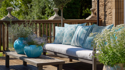 Outdoor coastal decor, cushion, plate, vase, flower, lemon and glass set on wood surface with natural light, garden view, relaxed summer style table and tablescape in countryside