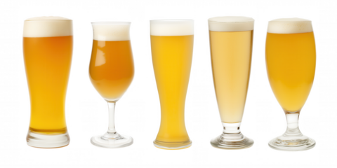 Five distinct beer glasses with golden-hued beverages on transparent background