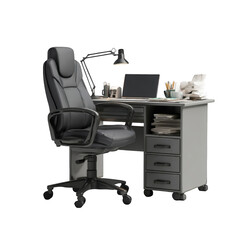 Gray desk and chair with assorted office supplies