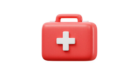Fototapeta premium Cartoonish 3D rendering of a red first aid kit with a white cross on a white background