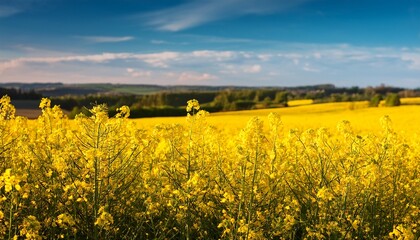 yellow rapeseed flowers bloom in the field in the summer plant background
