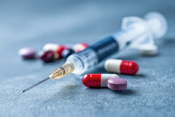 Medical syringe and pills on a surface