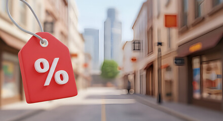 Downtown savings: A vibrant discount tag amidst a bustling city backdrop