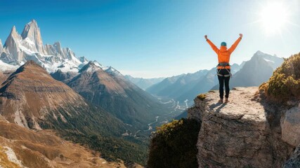 Woman with outstretched arms on mountain peak overlooking valley and snow-capped peaks under clear sky - Powered by Adobe
