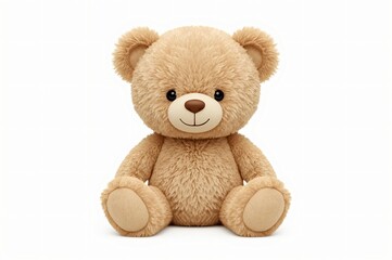 Obraz premium Cute teddy bear sitting, white background, studio shot, child's toy