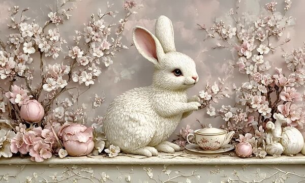 Delicate white rabbit amidst a profusion of pastel pink and white blossoms, a teacup and teapot nestled on a light beige shelf