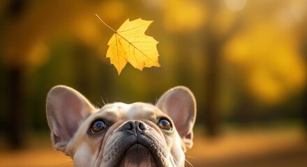 French Bulldog watching a slow falling autumn maple leaf towards its nose, warm autumn weather in the park
