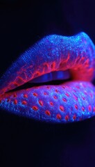 Glowing Strawberry Lips, UV Light, Dark Background, Beauty Shot