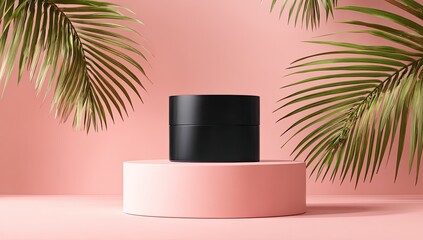 Black jar on pink pedestal, tropical leaves, pink background; product display