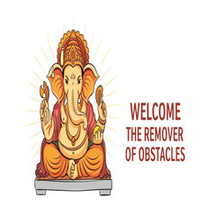 Illustration of Lord Ganesha, the Hindu deity, seated with a golden halo, welcoming blessings.