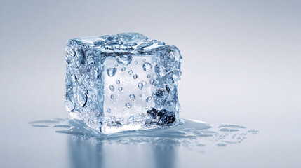 close-up of single clear ice cube with visible melting droplets and subtle reflections, resting on smooth glossy pale surface, minimalist fresh summer with blank space