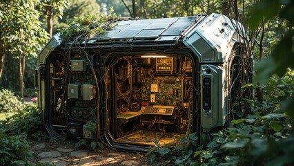 Futuristic server room merging with nature in a forest setting