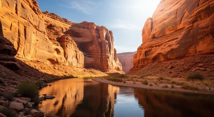 A photorealistic image of a desert canyon with a river flowing at the bottom, with orange rocky cliffs and bright daylight, creating an adventurous atmosphere.