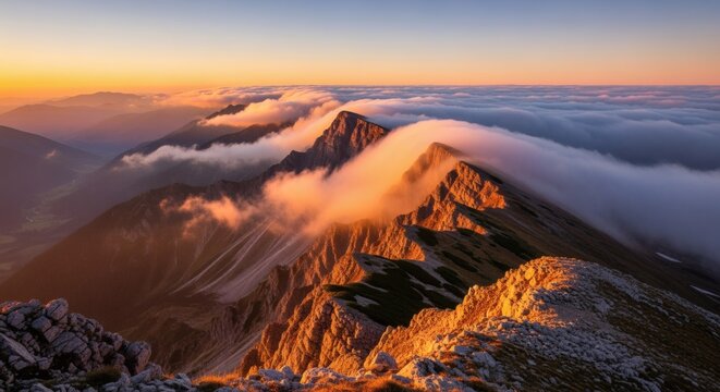 A photorealistic image of a mountain ridge with clouds rolling over, with dramatic warm light, creating an expansive scenic landscape.