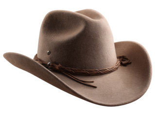 A taupe cowboy hat angled to the right