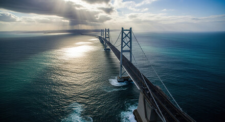 Majestic Suspension Bridge Spanning Vast Ocean Under Dramatic Skies